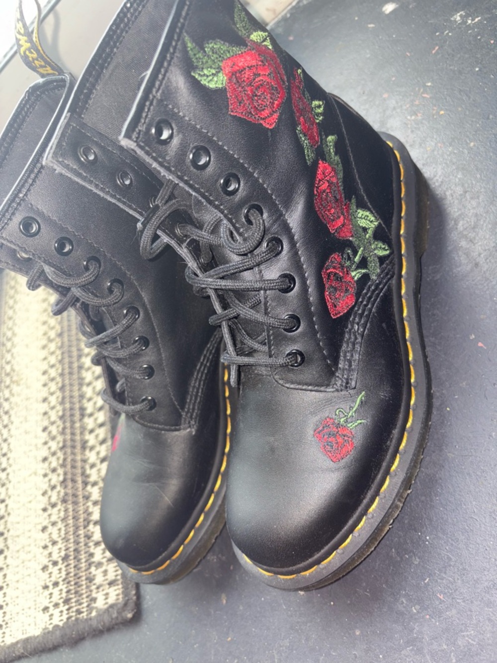 Dr. Martens Black Leather Lace-Up Boots with Red Rose Embroidery